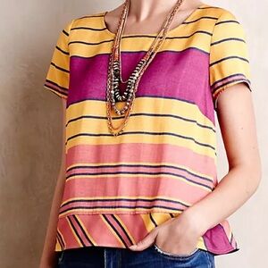 Anthropologie Maeve Yellow and Pink Striped Short Sleeve Button Back Top